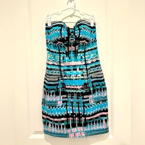 Strapless corseted bodice cotton geometric print dress size 2
